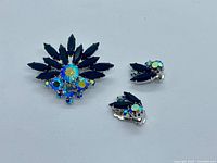 front view of brooch and earrings showing stones