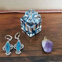 All three items: earrings, amethyst pendant, glass gift box ornament