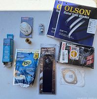 All items laid out on table showing variety and packaging