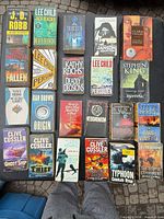 All 22 paperback novels laid out cover-up on pavement