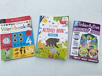 Front covers of the three workbooks showing titles, grade levels and included extras