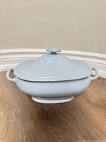 full view of covered tureen showing color, handles, base