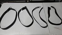 All four belts laid flat showing overall lengths and buckle styles