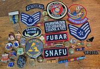 All patches, ribbons and pins laid out