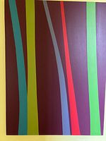 Full view of abstract acrylic painting with multi-coloured vertical stripes