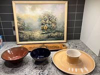 Group shot of painting, tray and three bowls on countertop