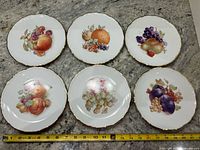 All six fruit motif plates displayed with ruler for scale