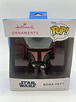 Front view of boxed Hallmark Funko Pop! Boba Fett ornament showing branding and figure
