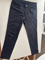 Full view of Lululemon ABC pants laid flat showing color, style and overall condition