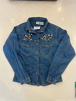 Full front view of denim jacket showing embroidery and overall condition