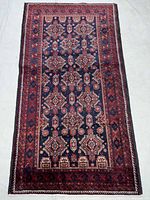 Full view of Baluchi rug showing entire design and size