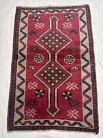 Full view of red Shiraz geometric wool rug