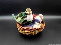 three feather birds in woven nest