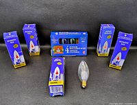 Overview of five boxed Haskelite bulbs, one loose bulb, and sealed four-pack outdoor bulbs