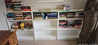 Three white laminate bookcases side by side filled with books