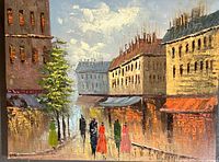 Full view of oil painting showing entire street scene composition