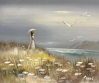 Full view of signed oil painting showing woman with parasol, daisies, sea, and artist signature