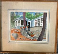 Full view of framed watercolor painting showing house, trees, stone steps and frame