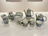 Full set laid out showing cups, bowls, plates, pots