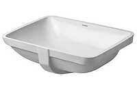 angled view of Duravit Starck 3 undermount sink showing shape and overflow