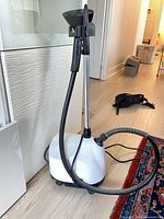 Full view of freestanding clothes steamer showing base, pole, hose and steam head