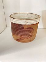 Stoneware pot showing full form, fish motif, and glazed rim