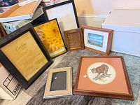 Group shot of all eight frames including bobcat needlepoint and bridge photo