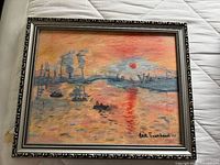 Full view of framed impressionist harbor painting