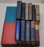 Group shot of all twelve hardcover books showing spines and two laid flat