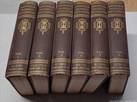 Spine view of all six volumes showing titles, volume numbers, alphabetical ranges, page ranges, cloth colour and gilt decoration