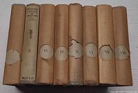 Spine view of all eight volumes showing titles, volume numbers I–VIII, publisher Wise & Co., and jacket condition