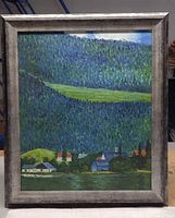 Front view of framed canvas landscape painting