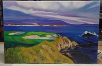 Front view of the painting showing golf course scene and overall condition