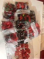 Sealed polybags of red, green, black building bricks with instruction sheet visible