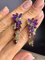 Front view of earrings showing gemstone colours and arrangement