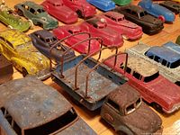 angled close-up of front rows showing rust and paint loss