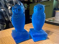 Front view of both blue satin glass owl figurines on books
