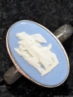 Front view of sterling silver ring showing blue and white cameo