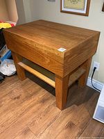 Overall view of butcher block table front and side