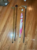 All three canes and umbrella laid on hardwood floor