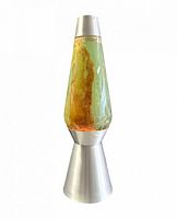 Full view of lava lamp showing aluminum base, cap and globe