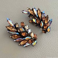 front view of both clip-on earrings showing rhinestone colors and arrangement