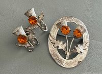 Brooch front with earrings, showing design and stones