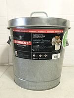 Front view of galvanized Behrens can with lid on, showing label