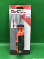 Front view of sealed 12-in-1 ratchet driver set