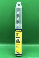 Front view of sealed Irwin 1/2-inch auger bit in plastic tube