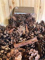 Mesh bag and loose cinnamon-scented pinecones with cinnamon sticks
