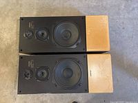Both speakers lying face up showing drivers and cabinet tops