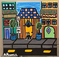 Full view of painting showing streetscape scene and artist signature