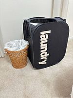 Hamper and wastebasket side by side for scale and condition